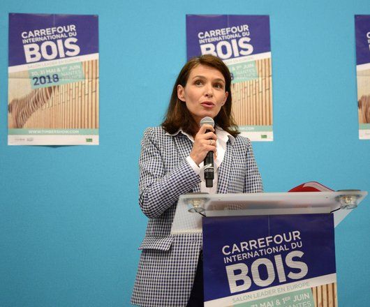 Christelle Morançais, présidente de la Région Pays de la Loire au pupitre lors du carrefour du bois