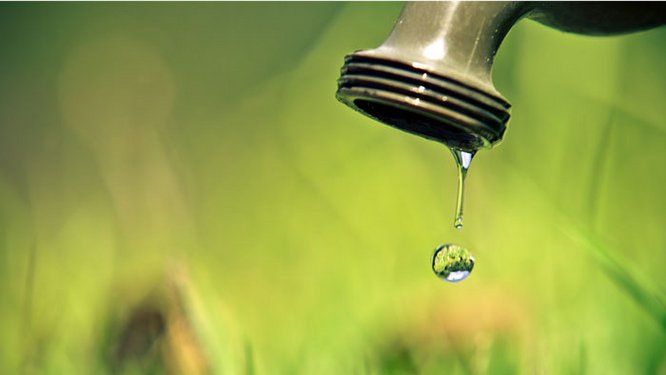 gros plan sur un robinet de jardin sur fond vert avec une goutte qui coule 